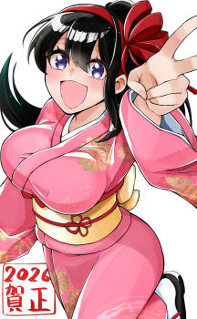 1girl 2026 :d absurdres arm_up black_hair black_sandals breasts commentary_request hairband hajimete_no_ojou-sama highres japanese_clothes kimono large_breasts long_hair looking_at_viewer obi ojou_kotone open_mouth orange_lili pink_kimono purple_eyes red_hairband sandals sash simple_background smile socks solo v white_background white_socks yellow_sash