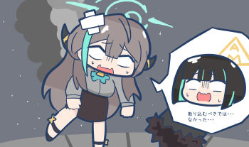 Rule 34 | 2girls, ahoge, allmind (armored core vi), alternate color, alternate eye color, alternate hair color, aoirocombo, aqua hair, aqua halo, armored core, armored core vi: fires of rubicon, aru (blue archive), bandaid, bandaid on head, black coat, black hair, black skirt, blank eyes, blue archive, blunt bangs, blunt ends, breasts, character logo, coat, colored inner hair, commentary request, demon horns, fur-trimmed coat, fur trim, grey hair, halo, horns, image in speech bubble, large breasts, long hair, long sleeves, looking at viewer, miniskirt, multicolored hair, multiple girls, open clothes, open coat, open mouth, short hair, side slit, sidelocks, skirt, smile, smoke, smoke trail, speech bubble, streaked hair, sweat, translation request