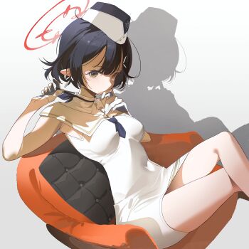 1girl absurdres ayane_(blue_archive) bare_arms bare_legs black_hair blue_archive couch covered_navel covering_own_mouth dress earrings garrison_cap gloves hair_ornament half_gloves halo hat highres jewelry necktie no_eyewear official_alternate_costume on_couch pointy_ears red_halo sailor_collar sailor_dress short_hair shuishi_tidu simple_background sitting sleeveless sleeveless_dress solo utnapishtim_operator_uniform_(blue_archive) white_dress white_sailor_collar