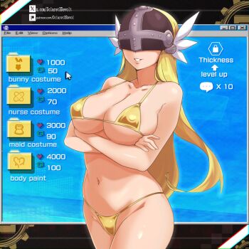 1girl angewomon arms_under_breasts artist_name bare_shoulders blonde_hair collarbone covered_eyes crossed_arms dclaret digimon digimon_(creature) head_wings helmet helmet_over_eyes highres internet legs_together navel parted_lips patreon_username shiny_skin standing stomach twitter_username wings