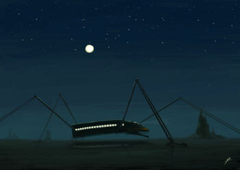 desert full_moon ldt long_legs machine monster monsterification moon night open_mouth original rock sky star_(symbol) tongue tongue_out train walking