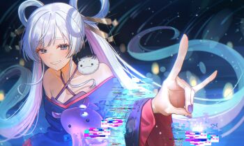 1girl absurdres bare_shoulders blue_eyes cho_kaguya-hime! collarbone commentary_request hair_ornament hair_rings highres japanese_clothes kimono looking_to_the_side multicolored_hair pink_hair purple_kimono purple_nails runami_yachiyo smile twintails two-tone_hair white_hair wide_sleeves yachae_(yachae1710)