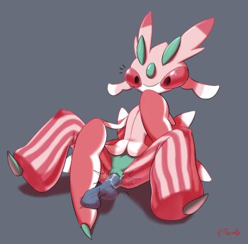 Rule 34 | 1girl, 8-tomb, antennae, arthropod girl, artist name, feet, full body, gen 7 pokemon, grey background, happy, hetero, highres, lurantis, monster, monster girl, navel, nintendo, no humans, no mouth, penis, pinstripe pattern, pokemon, pokemon (creature), pussy, pussy juice, red eyes, sex, signature, simple background, sitting, solo, spread legs, striped, text focus, uncensored, vaginal