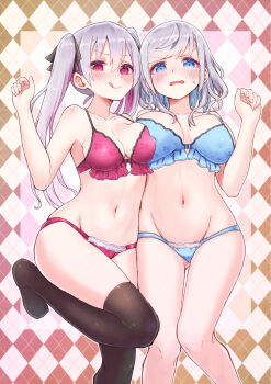 2girls animal_print aqua_streaks argyle_background asymmetrical_docking black_ribbon black_thighhighs blue_bra blue_eyes blue_panties blush bra breast_press breasts breasts_apart cleavage closed_mouth collarbone color_coordination commentary_request embarrassed feet_out_of_frame fingernails floral_print floral_print_bra floral_print_panties foot_out_of_frame frilled_bra frills gradient_background grey_hair groin hair_between_eyes hair_ribbon hand_up highres large_breasts leg_up licking_lips lin_oekaki linea_alba long_bangs long_hair looking_at_viewer medium_breasts multicolored_hair multiple_girls navel original panties parted_lips pink_bra pink_eyes pink_panties pink_streaks print_bra print_panties rabbit_panties rabbit_print ribbon smile stomach straight_hair streaked_hair sweatdrop thighhighs tongue tongue_out twintails underwear underwear_only v-shaped_eyebrows variant_set wavy_mouth