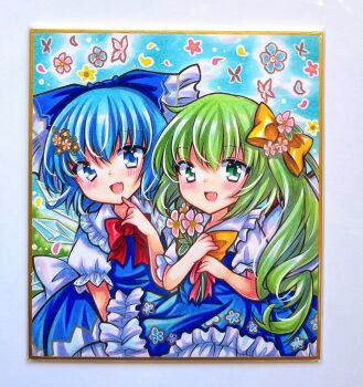 2girls blue_bow blue_dress blue_eyes blue_hair blush bow bowtie cirno commentary_request daiyousei dress flower frilled_dress frills green_eyes green_hair hair_bow hair_flower hair_ornament hands_up highres holding holding_flower long_hair looking_at_viewer marker_(medium) multiple_girls one_side_up open_mouth pink_flower puffy_short_sleeves puffy_sleeves red_bow red_bowtie rui_(sugar3) shikishi short_sleeves smile touhou traditional_media upper_body yellow_bow