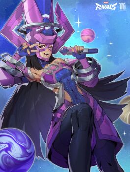 1girl :d absurdres armor black_hair black_leggings blue_background breasts bright_pupils commentary copyright_logo covered_navel fake_horns fantastic_four fingerless_gloves galacta gloves helmet highres holding holding_microphone horned_helmet horns icklaa knee_up leggings logo marvel marvel_rivals medium_breasts microphone open_mouth pink_armor pink_hair planet purple_gloves purple_nails smile solo sparkle v v_over_eye white_pupils