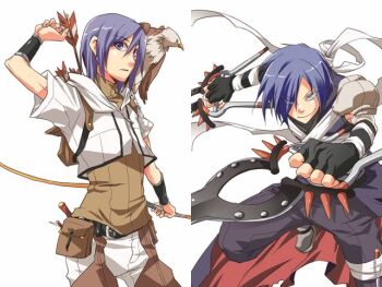 2boys armor arrow_(projectile) assassin_(ragnarok_online) bandages bandages_over_clothes belt_pouch bird black_gloves blue_eyes blue_hair bow_(weapon) brown_shirt brown_shorts cape closed_mouth commentary_request cowboy_shot cropped_jacket dagger dual_wielding elbow_gloves eyes_visible_through_hair falcon fingerless_gloves gloves hair_between_eyes hair_over_one_eye holding holding_bow_(weapon) holding_dagger holding_knife holding_weapon hunter_(ragnarok_online) jacket jamadhar knife long_bangs looking_at_viewer male_focus multiple_boys open_mouth pants pants_under_shorts pauldrons pouch purple_cape purple_eyes purple_hair purple_pants purple_shirt quiver ragnarok_online rukira shirt short_hair short_sleeves shorts shoulder_armor simple_background sleeveless sleeveless_shirt smile waist_cape weapon white_background white_jacket white_pants