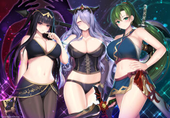 3girls axe black_hair book bra breasts camilla_(fire_emblem) chest_sarashi cleavage closed_eyes commentary_request corset fire_emblem fire_emblem:_the_blazing_blade fire_emblem_awakening fire_emblem_fates fire_emblem_warriors glaring green_eyes green_hair halterneck highres holding holding_sword holding_weapon huge_breasts kashiwamochi_yomogi large_breasts long_hair looking_at_viewer lyn_(fire_emblem) multiple_girls navel nintendo official_alternate_costume over_shoulder panties pantyhose partially_shaded_face ponytail purple_eyes purple_hair sarashi stomach sweat sword tharja_(fire_emblem) thighs tiara twintails underwear variant_set very_long_hair wavy_hair weapon weapon_on_back weapon_over_shoulder