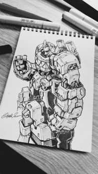 art_tools_in_frame clenched_hand daijuujin daizyuzin dino_megazord greyscale highres ink_(medium) kyouryuu_sentai_zyuranger mecha mighty_morphin_power_rangers monochrome no_humans notebook open_hand pen photo_(medium) power_rangers robot science_fiction signature solo subjekt_zero super_robot super_sentai tokusatsu traditional_media