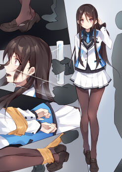 1girl absurdres bdsm black_hair black_pantyhose bondage bound commentary_request highres houjou_kaori kidnapping kyou_shuka loafers long_hair original pantyhose purple_eyes restrained school_uniform shibari shoes skirt take_it_home