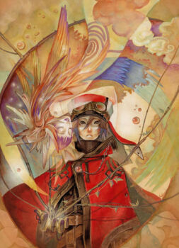 1boy 1other acrylic_paint_(medium) brown_eyes brown_gloves brown_hair chain cloak closed_eyes dated_commentary floating_clothes frown gloves goggles goggles_on_headwear hair_between_eyes hat headwear_request long_hair_between_eyes looking_at_viewer lowres open_hand original painting_(medium) plant red_cloak red_hat smile spirit straight-on traditional_media upper_body upside-down vines yamamoto_yamato