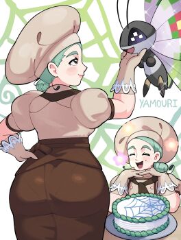1girl ^_^ apron ascot ass brown_apron brown_ascot brown_eyes brown_skirt bug cake chef_hat closed_eyes commentary cowboy_shot elbows_on_table food from_behind gen_6_pokemon green_hair hand_on_own_hip hand_up hands_on_own_chin hat head_on_hands head_rest highres katy_(pokemon) low_side_ponytail mole mole_on_cheek mole_under_eye nintendo open_mouth pantylines petting pokemon pokemon_(creature) pokemon_scarlet_and_violet profile puffy_short_sleeves puffy_sleeves short_sleeves side_ponytail skirt smile solo_focus spider_web_print vivillon vivillon_(fancy) waist_apron wide_hips yamouri