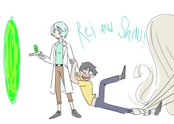 1boy 1girl 1other artist_request ayanami_rei belt blue_hair cosplay highres ikari_shinji lab_coat morty_smith morty_smith_(cosplay) neon_genesis_evangelion open_mouth portal_gun_(rick_and_morty) rick_and_morty rick_sanchez rick_sanchez_(cosplay) science_fiction shirt short_hair simple_background third-party_source white_background yellow_shirt