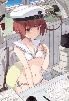 1girl adapted_turret anchor_ornament bikini blush character_name clothes clothes_writing collarbone commentary_request commission curtains day desk flat_chest hand_up hat highres indoors inkwell kanmiya_shinobu kantai_collection looking_at_viewer navel official_alternate_costume paper pen red_eyes red_hair sailor_bikini sailor_collar sailor_hat short_hair side-tie_bikini_bottom sitting skeb_commission smile smiley_face smokestack solo stomach string_bikini swimsuit white_bikini white_hat white_sailor_collar window writing z3_max_schultz_(kancolle) z3_max_schultz_(swimsuit)_(kancolle)