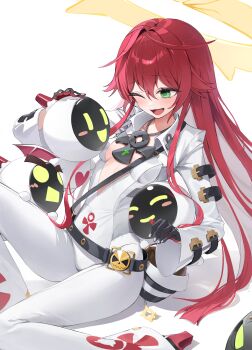 Rule 34 | 1girl, absurdres, black survival, breasts, eternal return: black survival, green eyes, guilty gear, guilty gear strive, hair between eyes, highres, jack-o' valentine, li dailin (jack-o' dailin), long hair, looking at viewer, medium breasts, official alternate costume, one eye closed, pants, red hair, simple background, solo, takealook, thighs, white background, white pants