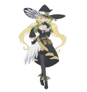 1girl black_dress black_gloves black_thighhighs blonde_hair blue_eyes breasts closed_mouth dress ellie_(mugen_gacha) gloves green_ribbon hat large_breasts long_hair long_sleeves looking_at_viewer mugen_gacha official_art ribbon shoes smile solo thighhighs transparent_background twintails very_long_hair witch_hat