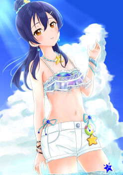 1girl absurdres alternate_hairstyle aqua_ribbon aqua_scrunchie artist_name artist_request bare_shoulders bikini blue_bikini blue_hair blue_sky blush bracelet breasts brown_eyes cleavage cloud collarbone crescent crescent_necklace day dress earrings female_focus floating_hair frilled_bikini frills gem hair_between_eyes hair_bun hair_ornament hairclip half-closed_eyes heart heart_earrings high_ponytail highres jewelry long_hair looking_at_viewer love_live! love_live!_school_idol_festival love_live!_school_idol_project medium_breasts necklace ocean outdoors parted_lips pearl_(gemstone) pearl_hair_ornament pearl_necklace ponytail ribbon scrunchie short_pants short_shorts shorts side-tie_shorts single_hair_bun sky smile solo sonoda_umi star_(symbol) star_hair_ornament star_necklace string_bikini sundress swimsuit wavy_hair white_shorts wrist_scrunchie yellow_eyes