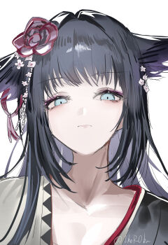1girl absurdres black_hair blue_eyes close-up commentary_request expressionless flower hair_flower hair_intakes hair_ornament highres horobu light_frown long_hair long_sidelocks looking_at_viewer mio_(arknights) red_flower sidelocks simple_background solo tassel twitter_username upper_body white_background white_flower