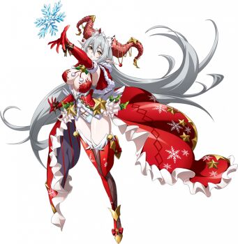 1girl bare_shoulders bell breasts capelet christmas cleavage curled_horns dragon_girl dragon_horns dress elbow_gloves floating_clothes floating_hair framed_breasts frilled_skirt frills full_body fur-trimmed_capelet fur-trimmed_sleeves fur_trim game_cg gloves grey_hair hair_between_eyes hair_ornament horns isolde_(langrisser) langrisser langrisser_mobile large_breasts laurels leg_up long_hair looking_at_viewer neck_bell official_alternate_costume official_art panties parted_lips pointy_ears pom_pom_(clothes) reaching red_capelet red_gloves red_horns red_shirt red_skirt red_sleeves red_thighhighs revealing_clothes ribbon santa_costume santa_dress shirt showgirl_skirt simple_background skirt snowflake_print snowflakes solo standing standing_on_one_leg star_(symbol) tachi-e thighhighs third-party_source transparent_background underwear very_long_hair waist_cape white_panties yellow_eyes zettai_ryouiki