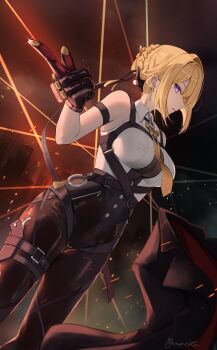 1girl absurdres amaneko_(amaneko_y) black_gloves black_pants blonde_hair breasts collared_shirt commentary_request evelyn_chevalier gloves hair_bun high-waist_pants highres large_breasts mole mole_under_eye necktie pants parted_lips pointing pointing_to_the_side purple_eyes shirt shirt_tucked_in sidelocks sleeveless sleeveless_shirt solo tight_clothes tight_shirt white_shirt yellow_necktie zenless_zone_zero