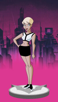 batman_(series) batman_beyond black_skirt blonde_hair blue_eyes chelsea_cunningham_(batman_beyond) dc_comics dcau shirt short_hair skirt striped_clothes striped_shirt