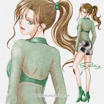 Rule 34 | 1girl, back, bishoujo senshi sailor moon, black shorts, boots, bra, bra visible through clothes, brown hair, commentary request, from behind, green boots, green bra, green eyes, hair bobbles, hair ornament, high heel boots, high heels, illustration sharon, instagram username, kino makoto, long hair, looking at viewer, looking back, median furrow, ponytail, see-through clothes, see-through shirt, shirt, shorts, shoulder blades, simple background, solo, underwear, white background
