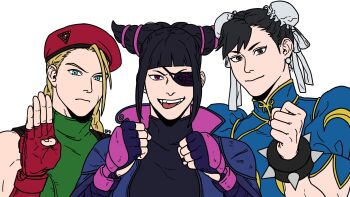 3girls archived_source arm_up artist_name beret biker_clothes black_bodysuit black_eyes black_hair blonde_hair blue_eyes blunt_bangs bodysuit bracelet braid bun_cover cammy_white capcom china_dress chinese_clothes chun-li clenched_hand commentary double_bun dress drill_hair earrings efd english_commentary eyepatch fingerless_gloves frown gloves green_leotard hair_bun hair_horns hair_ornament han_juri hat heattech_leotard highres jewelry leotard looking_at_viewer multiple_girls padded_gloves puffy_short_sleeves puffy_sleeves purple_eyes red_gloves scar scar_on_face short_sleeves sidelocks smile spiked_bracelet spikes street_fighter street_fighter_v tongue tongue_out turtleneck twin_drills waving white_background yellow_trim