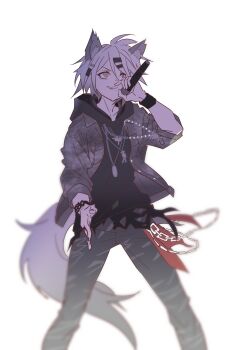 1girl absurdres aling539 alternate_costume alternate_hair_length alternate_hairstyle animal_ear_fluff animal_ears arknights black_hoodie blurry chain chain_necklace chinese_commentary commentary_request feet_out_of_frame grey_eyes grey_hair grey_jacket grey_pants grey_tail hair_between_eyes hair_ornament hairclip hand_up highres holding holding_microphone hood hood_down hoodie jacket jewelry lappland_(ambience_synesthesia)_(arknights) lappland_(arknights) microphone necklace open_clothes open_jacket pants rapping ring short_hair simple_background sketch sleeves_pushed_up solo standing tail torn_clothes torn_hoodie white_background wolf_ears wolf_girl wolf_tail wristband
