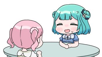 2girls :d anger_vein blue_dress blush_stickers bow chibi closed_eyes double_bun dress green_hair grey_bow hair_bun highres hololive mochimiko multiple_girls open_mouth pink_hair puffy_short_sleeves puffy_sleeves shirt short_sleeves simple_background small_sweatdrop smile sweat table twintails uruha_rushia virtual_youtuber white_background white_shirt