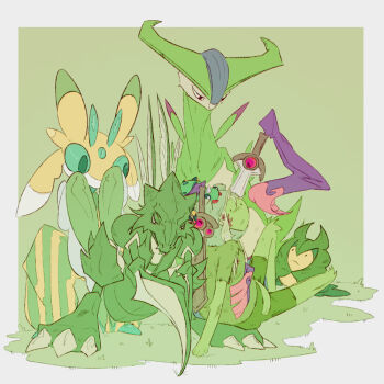 1boy adventure_time alternate_color blenselche border colored_skin commentary crossover doublade english_commentary fern_(adventure_time) gen_1_pokemon gen_2_pokemon gen_5_pokemon gen_6_pokemon gen_7_pokemon green_background green_eyes green_hair green_hat green_shirt green_shorts green_skin green_theme hat legendary_pokemon lurantis monster_boy nintendo pink_eyes plant_boy pokemon pokemon_(creature) pokemon_team red_eyes scyther shiny_pokemon shirt shorts spinarak swadloon sword virizion weapon white_border