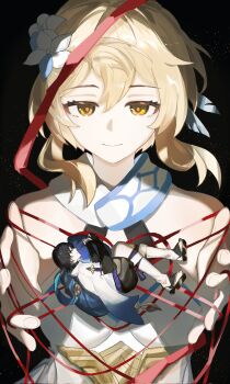 Rule 34 | 1boy, 1girl, armor, bare shoulders, black background, black hair, black sandals, black shorts, blonde hair, blue cape, blue feathers, blue flower, blue trim, blunt ends, bridal gauntlets, cape, cat's cradle, clenched hands, closed eyes, closed mouth, dress, eyelashes, eyeliner, facing another, feather hair ornament, feathers, fetal position, fingernails, flower, furisode, genshin impact, hair flower, hair ornament, half-closed eyes, halterneck, highres, japanese armor, japanese clothes, kimono, kote, kurokote, leg warmers, looking at another, lumine (genshin impact), lying, makeup, mini person, miniboy, multicolored flower, on side, open hands, purple rope, purple sash, red eyeliner, red pupils, rope, sandals, sash, scaramouche (genshin impact), scarf, short hair, short hair with long locks, short sleeves, shorts, sidelocks, sideways mouth, stirrup legwear, toeless legwear, toes, wanderer (genshin impact), whisper (suisuibingtang), white dress, white flower, white kimono, white leg warmers, white scarf, white sleeves, yellow eyes, zouri