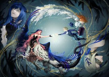 5girls :d absurdres adder_(adderart) arcana_(paradise_regained)_(reverse:1999) arcana_(reverse:1999) ascot bare_arms bare_shoulders black_boots black_dress black_hands black_pants black_tail black_veil black_vest blindfold blue_background blue_bow blue_eyes blue_hair blue_hat blue_veil boater_hat boots bow breasts centauroid checkered_hairband chimera colored_blindfold colored_extremities colored_tears dress floating floating_hair full_body gloves green_eyes grey_eyes grey_hair grey_shoes hair_bun hairband hat hat_bow highres holding holding_suitcase large_breasts long_hair monster_girl multiple_girls nautika_(reverse:1999) no_bra official_alternate_costume open_mouth orange_hair pants pants_under_dress pink_hair plunging_neckline profile reaching reaching_towards_another reverse:1999 shoes short_hair single_side_bun single_tear smile sonetto_(reverse:1999) strapless strapless_dress suitcase talons taur two-tone_veil two_side_up unworn_hat unworn_headwear upper_body upside-down urd_(reverse:1999) veil vertin_(reverse:1999) very_long_hair vest waistcoat wand_in_head white_ascot white_dress white_gloves white_pants yellow_eyes