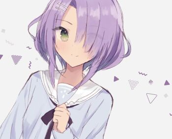 1girl parallel_hairclips aiyan blue_shirt blush cafe_stella_to_shinigami_no_chou clenched_hand closed_mouth commentary_request dark-skinned_female dark_skin ears_through_headwear green_eyes hair_ornament hair_over_one_eye hairclip hand_up hiuchidani_mei long_bangs long_sleeves looking_at_viewer purple_hair sailor_collar school_uniform serafuku shirt short_hair_with_long_locks simple_background sketch smile solo split_mouth tan upper_body white_background white_sailor_collar