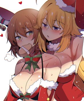 2girls antlers bikini blonde_hair blush breasts brown_hair christmas cleavage collarbone couple deer deer_antlers deer_cracker deer_girl dress fur-trimmed_dress fur-trimmed_headwear fur_trim gift hat heart heart-shaped_pupils highres hinghoi horns koshi_torako large_breasts long_hair merry_christmas multiple_girls open_mouth red_dress red_hat santa_bikini santa_costume santa_dress santa_hat shikanoko_noko shikanoko_nokonoko_koshitantan short_hair skirt swimsuit symbol-shaped_pupils yuri