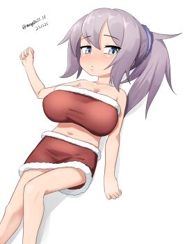 1girl absurdres alternate_costume aoba_(kancolle) blue_eyes breasts commentary_request dated feet_out_of_frame fur-trimmed_skirt fur-trimmed_tube_top fur_trim highres kantai_collection large_breasts lying maru_(marg0613) medium_breasts midriff navel one-hour_drawing_challenge ponytail purple_hair red_skirt red_tube_top skirt solo strapless tube_top twitter_username