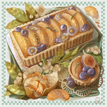 absurdres artist_name blue_flower blueberry fig flower food food_focus fruit highres lenta no_humans orange_(fruit) original tart_(food)