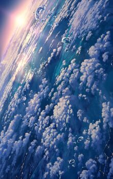 above_clouds absurdres blue_sky city_lights cloud commentary_request highres lens_flare no_humans ocean original pei_(sumurai) scenery sky sun sunlight water_drop