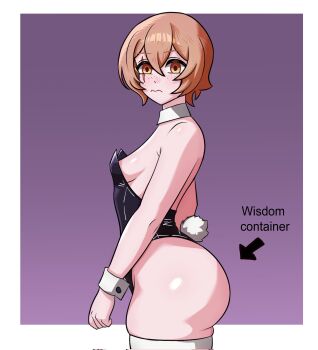 1girl ass ass_focus black_leotard breasts brown_eyes brown_hair cleavage clio_aite detached_collar evil_container_(meme) freckles gaijinsamaa hair_between_eyes highres huge_ass leotard looking_at_viewer meme phase_connect playboy_bunny rabbit_tail scar scar_across_eye scar_on_face short_hair sideboob simple_background small_breasts tail thick_thighs thighhighs thighs virtual_youtuber