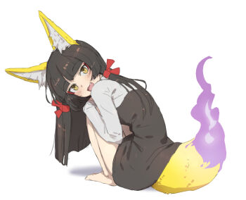 1girl :3 aged_down animal_ear_fluff animal_ears barefoot black_dress brown_hair child dress fang fire flame-tipped_tail fox_ears fox_girl fox_tail full_body hair_ribbon hime_cut hugging_own_legs kitsune kitsunebi_naho_(mdf_an) long_hair looking_at_viewer looking_back mdf_an original purple_fire red_ribbon ribbon shirt simple_background sketch slit_pupils solo squatting tail white_shirt yellow_fur