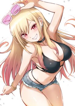Rule 34 | 1girl, bikini, black bikini, black choker, blonde hair, blush, bracelet, breasts, choker, commentary request, cutoffs, denim, denim shorts, ear piercing, earrings, eyewear on head, gradient hair, grin, gyaru, highres, jewelry, kitagawa marin, large breasts, long hair, looking at viewer, midriff, multicolored hair, navel, pariya 0001, piercing, pink hair, pink nails, red eyes, shirt, short shorts, shorts, smile, sono bisque doll wa koi wo suru, sunglasses, swimsuit, thighs, two-tone hair