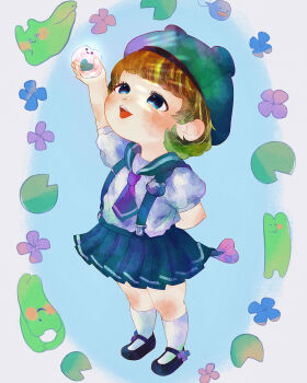 1girl arm_behind_back arm_up beret black_shoes blue_eyes blue_hat blue_sailor_collar blue_skirt blunt_bangs bob_cut brown_hair child commentary_request creature flower full_body hat highres holding lily_pad looking_up necktie okubatomaeba open_mouth original purple_necktie sailor_collar shirt shoes short_hair skirt slime_(creature) smile socks solo suspender_skirt suspenders white_shirt white_socks