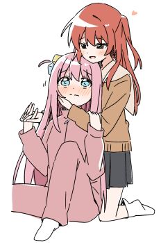 2girls black_skirt blue_eyes blush bocchi_the_rock! brown_shirt closed_mouth commentary cube_hair_ornament gotoh_hitori green_eyes hair_ornament hand_on_another&#039;s_face haru_(konomi_150) heart highres holding_hands interlocked_fingers jacket kita_ikuyo multiple_girls no_shoes one_side_up pants pink_jacket pink_pants pleated_skirt red_hair school_uniform shirt shuka_high_school_uniform simple_background skirt socks track_jacket white_background yuri