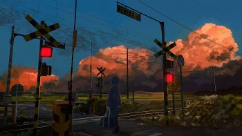 1boy absurdres bag banakotakemaru blue_sky cloud cloudy_sky commentary_request highres holding holding_bag long_sleeves original outdoors pants railroad_crossing railroad_tracks road_sign scenery shoes short_hair sign sky solo stop_sign sweater traffic_light twilight