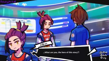 2boys ahoge antenna_hair artist_name black_hair blue_shirt brown_hair collarbone collared_shirt commentary cowboy_shot english_commentary english_text florian_(pokemon) frown highres jacket kieran_(pokemon) looking_at_another male_focus multiple_boys nintendo off_shoulder open_clothes open_jacket parted_lips persona persona_5 pokemon pokemon_scarlet_and_violet purple_hair red_vest shirt shootingstareon short_hair sidelocks single_sidelock teeth user_interface vest white_jacket yellow_eyes