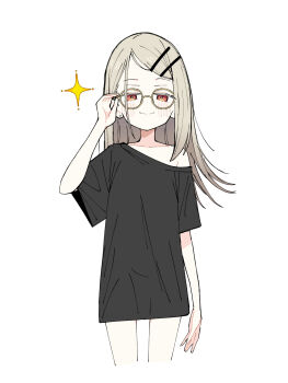 adjusting_eyewear black_shirt blonde_hair collarbone commentary_request earrings gakuen_idolmaster glasses hair_ornament hairclip hand_on_eyewear highres idolmaster jewelry long_hair looking_at_viewer naked_shirt orange_eyes sabi1234 shinosawa_hiro shirt short_sleeves simple_background single_off_shoulder smile solo sparkle stud_earrings t-shirt white_background