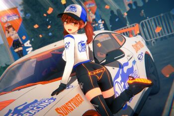 1girl absurdres anna_anon anna_skyler_(anna_anon) black_gloves black_shoes black_thighhighs blue_hat breasts brown_hair commentary english_commentary from_behind gloves hat highres large_breasts looking_at_viewer looking_back original people shirt shoes silhouette smile solo thighhighs twintails white_hat white_shirt