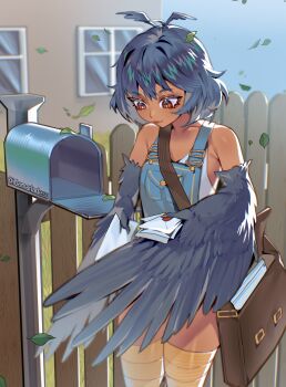 1girl absurdres bag bare_shoulders bird_legs blue_feathers blue_hair blue_wings brown_eyes commentary commission dark-skinned_female dark_skin english_commentary falling_leaves feathers fence harpy head_wings highres holding holding_letter idamaria leaf letter mailbox_(incoming_mail) messenger_bag monster_girl original overalls short_hair shoulder_bag vgen_commission wings wooden_fence