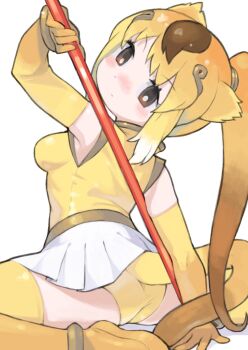 1girl animal_ears bare_shoulders blonde_hair blush brown_eyes brown_hair circlet elbow_gloves flats gloves gold_trim golden_snub-nosed_monkey_(kemono_friends) hair_between_eyes highres kemono_friends leotard looking_at_viewer looking_back monkey_ears monkey_girl monkey_tail multicolored_hair orange_hair pleated_skirt ponytail rinx shoes showgirl_skirt sidelocks skirt sleeveless solo staff tail thighhighs white_skirt yellow_gloves yellow_leotard yellow_shoes yellow_thighhighs zettai_ryouiki
