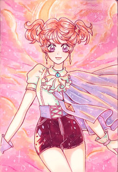 1girl akiramonsta blonde_hair closed_mouth commentary cross-laced_clothes earrings english_commentary gloves jewelry looking_at_viewer pendant puffy_short_sleeves puffy_sleeves purple_eyes short_sleeves shorts sidelocks smile solo sparkle sugar_sugar_rune twintails vanilla_mieux white_gloves