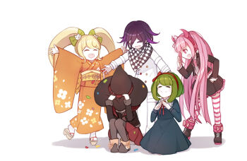 1boy 4girls ^_^ absurdly_long_hair arm_belt back_bow belt belt_buckle black_boots black_dress black_hat black_jacket black_scarf black_skirt blazer blonde_hair blunt_ends bob_cut boots bow bow_hairband brown_boots brown_sandals brown_vest buckle buttons cat_hair_ornament checkered_clothes checkered_scarf child closed_eyes closed_mouth collared_jacket collared_shirt commentary_request confetti covered_face danganronpa_(series) danganronpa_2:_goodbye_despair danganronpa_another_episode:_ultra_despair_girls danganronpa_v3:_killing_harmony double-breasted dress dress_shirt embarrassed eyes_visible_through_hair fake_horns floral_print footwear_bow footwear_ribbon frilled_dress frilled_skirt frills geta green_bow green_hair grey_pantyhose hair_between_eyes hair_bow hair_ornament hairband hand_on_own_hip hand_up hands_on_headwear happy hat hat_belt hiragi_rin horn_bow horn_hairband horn_ornament horns in-franchise_crossover jacket japanese_clothes kimono kneeling knees knees_up lace-up_boots lapels light_blush long_hair long_hair_between_eyes long_sleeves looking_at_another miniskirt multicolored_buttons multicolored_thighhighs multiple_belts multiple_girls neck_ribbon necktie notched_lapels obi oma_kokichi open_clothes open_jacket orange_kimono outstretched_arms own_hands_together pale_skin pants pantyhose pink_bow pink_eyes pink_hair pink_hairband pink_horns pink_necktie pink_thighhighs pleated_skirt pocket pointy_boots pointy_nose polka_dot polka_dot_bow print_kimono purple_hair red_belt red_bow red_hair red_hairband red_ribbon red_skirt ribbon saionji_hiyoko sandals sash scarf shadow shirt shirt_under_dress short_hair sidelocks simple_background sitting skirt sleeve_cuffs smile socks striped_clothes striped_thighhighs tabi thigh_belt thigh_strap thighhighs towa_monaca twintails two-tone_scarf two-tone_thighhighs utsugi_kotoko very_long_hair vest white_background white_belt white_bow white_jacket white_pants white_ribbon white_scarf white_shirt white_socks white_thighhighs wide_sleeves witch_hat yellow_bow yellow_sash yukata yumeno_himiko zettai_ryouiki